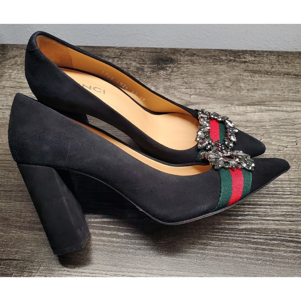 VINCI The Afega Pumps Black Suede Leather Block Heel Womens 39 Designer EUC